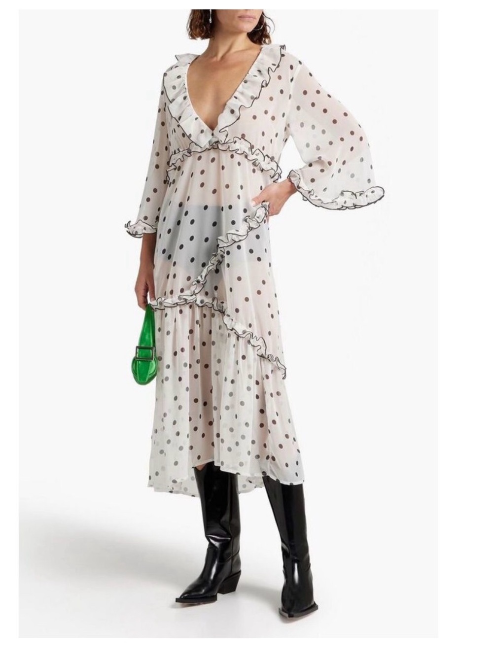 GANNI Ruffled Polka-Dot Chiffon Midi Dress Size M New with Tags